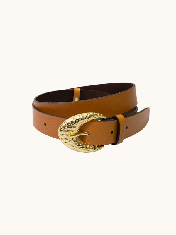 Profilowany pasek skórzany jasnobrązowy z ozdobną klamerką LuAna