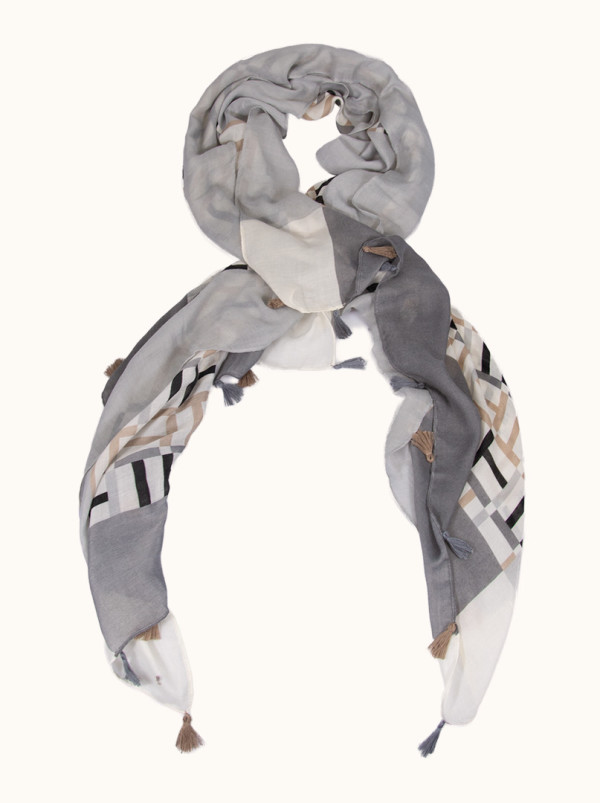 Szal z bawełny kremowy we wzór geometryczny   80x180 cm