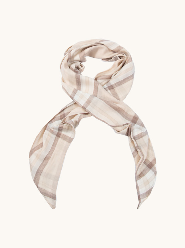 Trójkątna chusta 100% wełna beżowa w kratę 120cm x 190cm