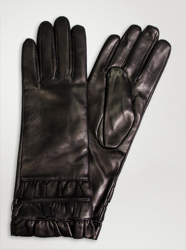 Rękawiczki skórzane w kolorze ciemnej czekolady z ozdobną falbanką