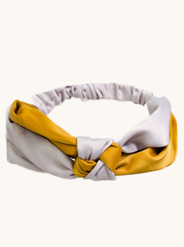 Opaska do włosów żółto szara satynowa z węzłem
