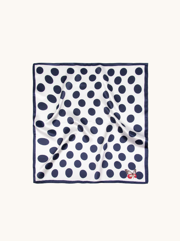 Apaszka jedwabna biała w grochy z motylkiem 53x53 cm