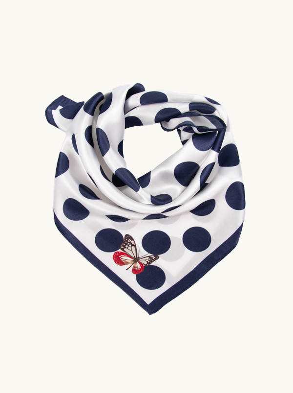 Apaszka jedwabna biała w grochy z motylkiem 53x53 cm