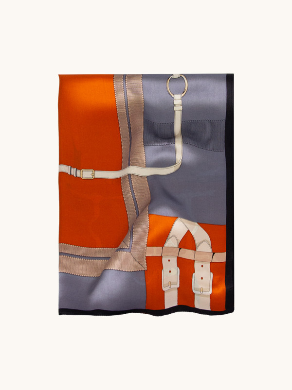 Szal jedwabny z motywem paska z granatową obwódką 55x170 cm