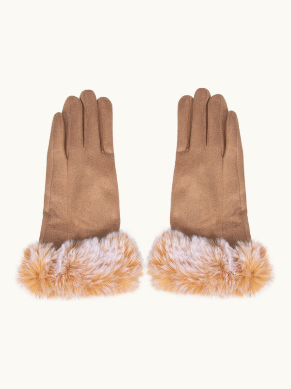 Beżowe rękawiczki dzianinowe   wykończone sztucznym futerkiem    once size