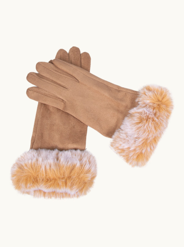 Beżowe rękawiczki dzianinowe   wykończone sztucznym futerkiem    once size