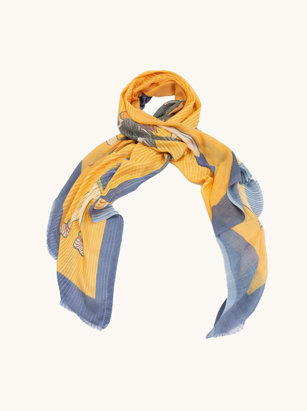 Szal bawełniany żółty z motywem uśmiechniętych dzieci 90 cm x 180 cm