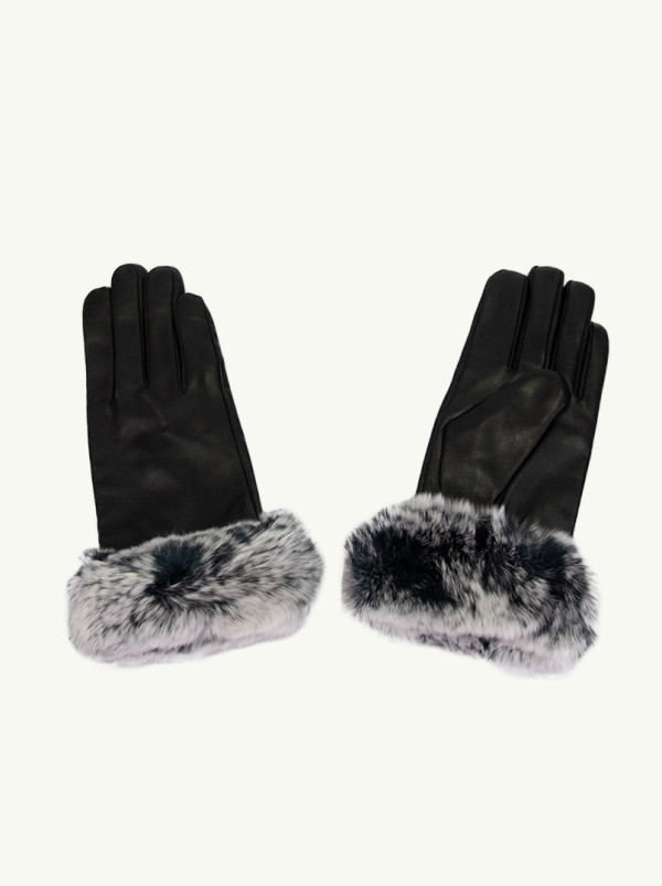 Czarne Skórzane Rękawiczki z ozdobnym szarym futerkiem