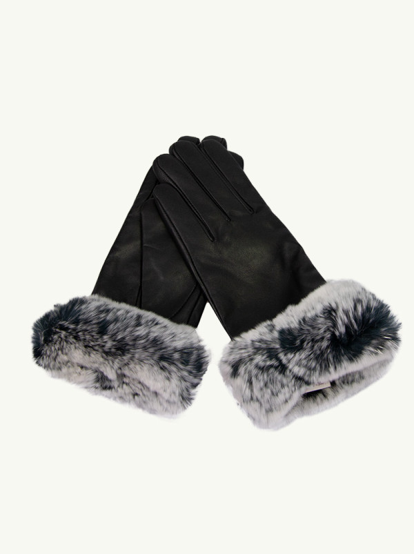 Czarne Skórzane Rękawiczki z ozdobnym szarym futerkiem