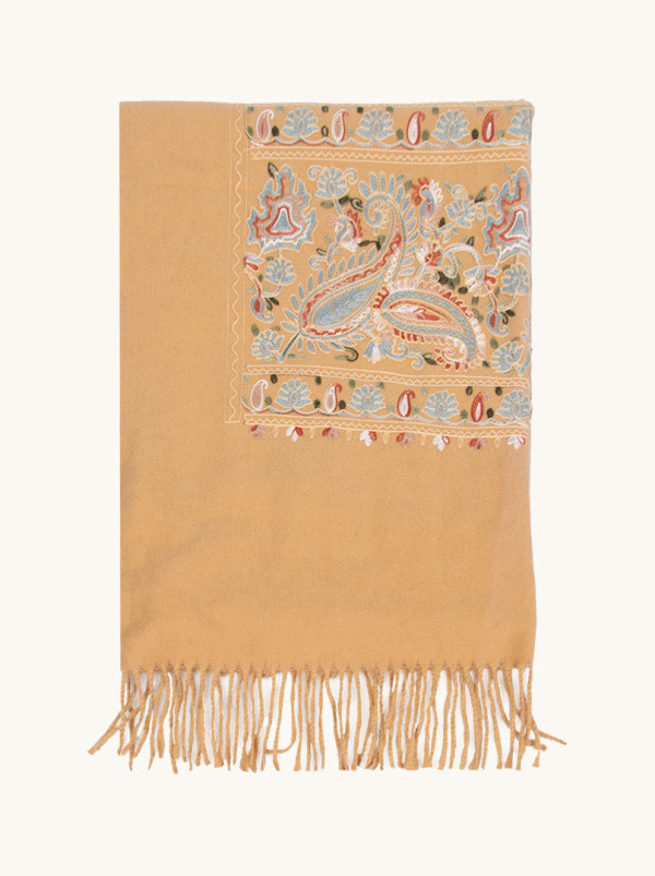 Szal ciepły wełniany beżowy z wyszywanym motywem paisley 70 cm x 200cm
