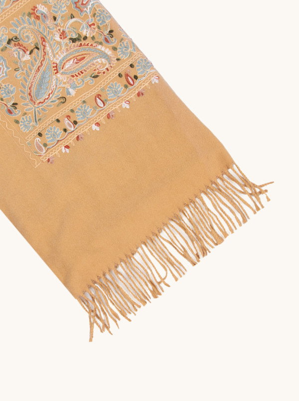Szal ciepły wełniany beżowy z wyszywanym motywem paisley 70 cm x 200cm