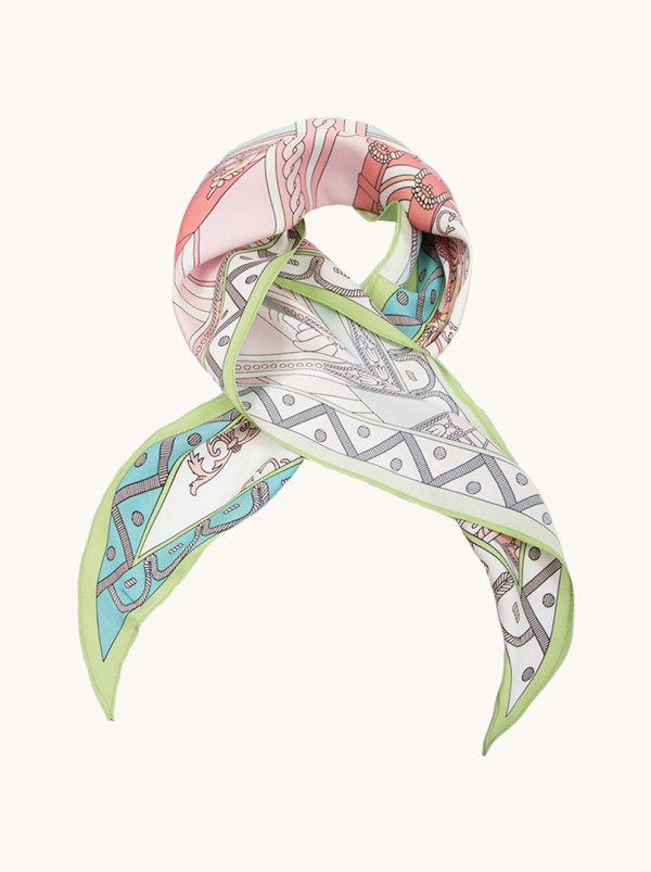 Apaszka trójkątna silk feeling różowo zielona we wzory 40x120 cm