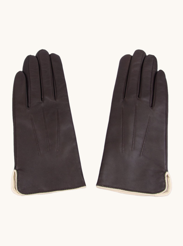 Skórzane rękawiczki w czekoladowym kolorze z wypustką ecru