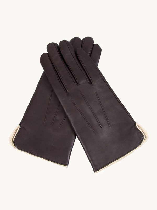 Skórzane rękawiczki w czekoladowym kolorze z wypustką ecru