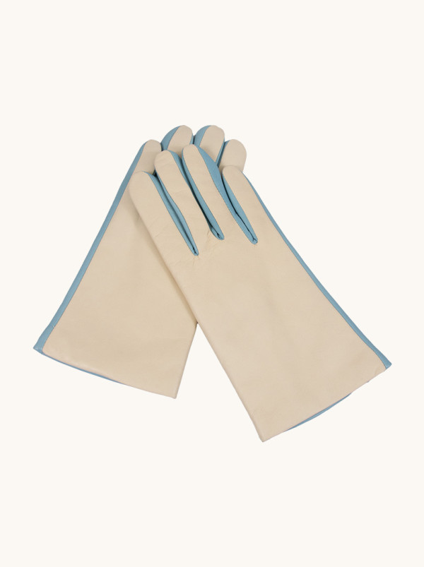 Beżowo-błękitne Skórzane Rękawiczki