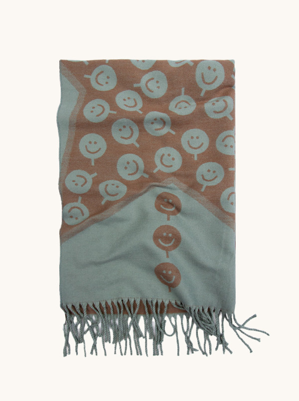 Ciepły szal zielono-brązowy z motywem uśmiechniętych buziek