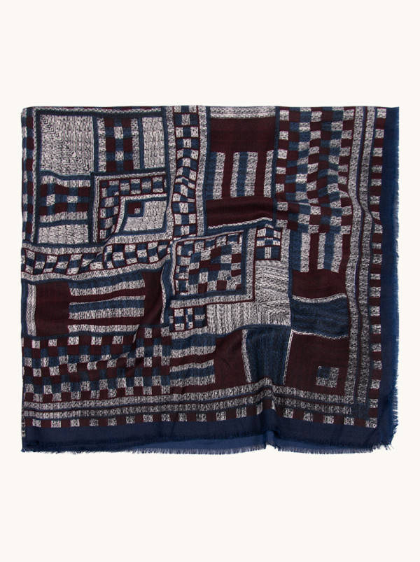 100% Viscose Blue and Burgundy Checkered Scarf, 140x140 cm