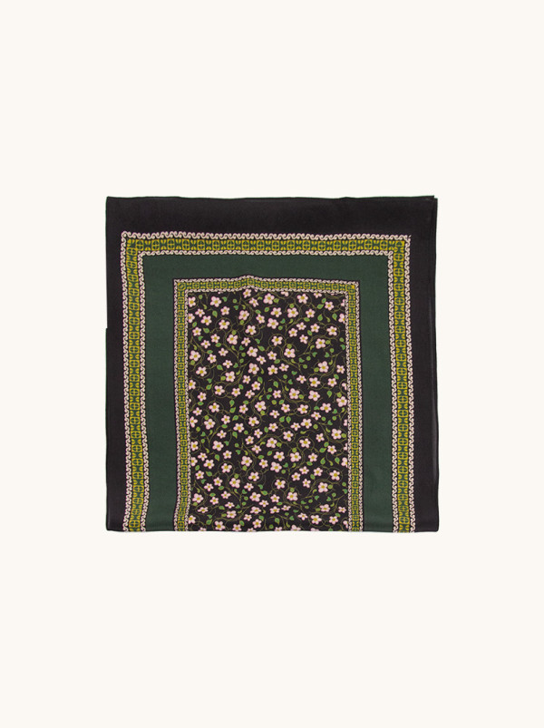 Green silk scarf with pink flowers, 35x140 cm
