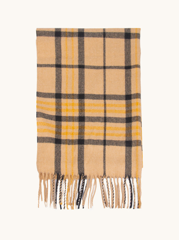 Szal ciepły beżowy w kratę z frędzlami 65 cm x 180 cm