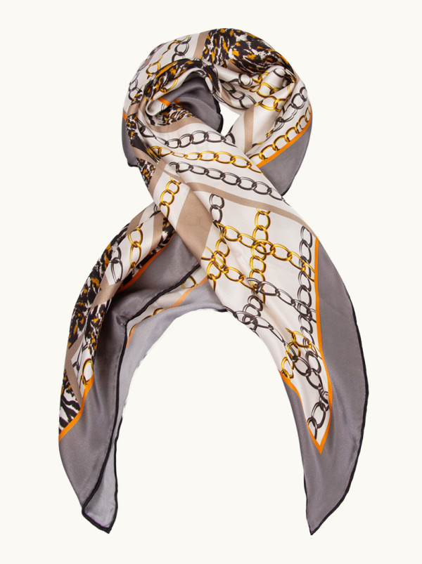 Apaszka 90 cm x 90 cm z jedwabiu szara z motywem łańcucha