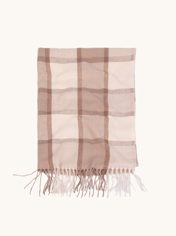 Szal ciepły brązowy w  kratę beżową z frędzlami 65 cm x 180 cm