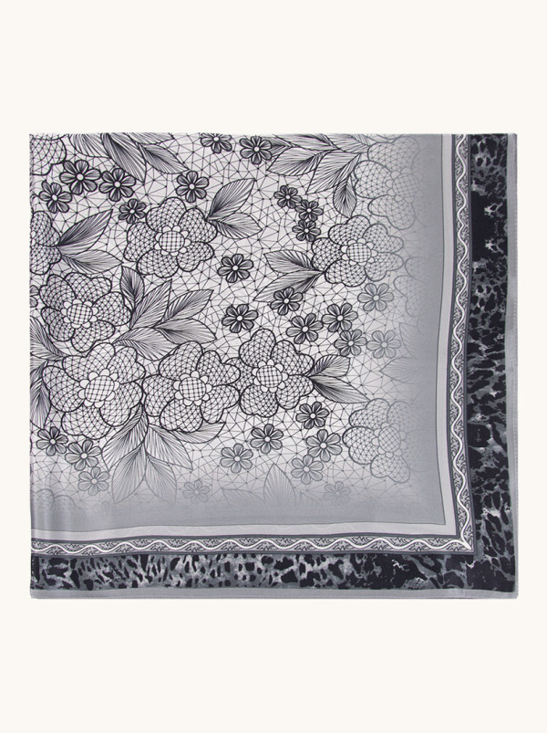 Apaszka jedwabna szara w kwiaty 90x90 cm