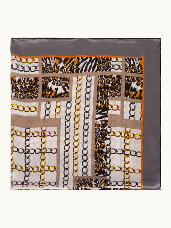 Apaszka 90 cm x 90 cm z jedwabiu szara z motywem łańcucha