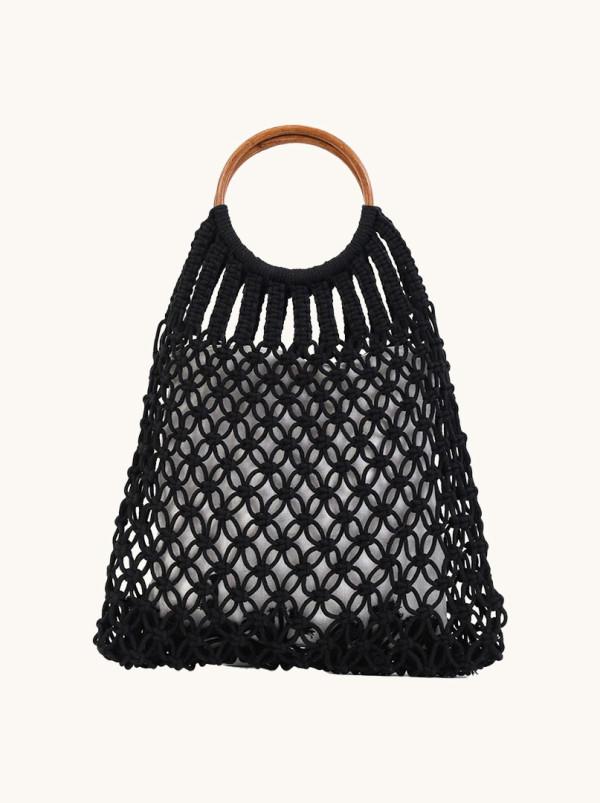 Czarna Torba Plażowa Pleciona z Uchem DOCA