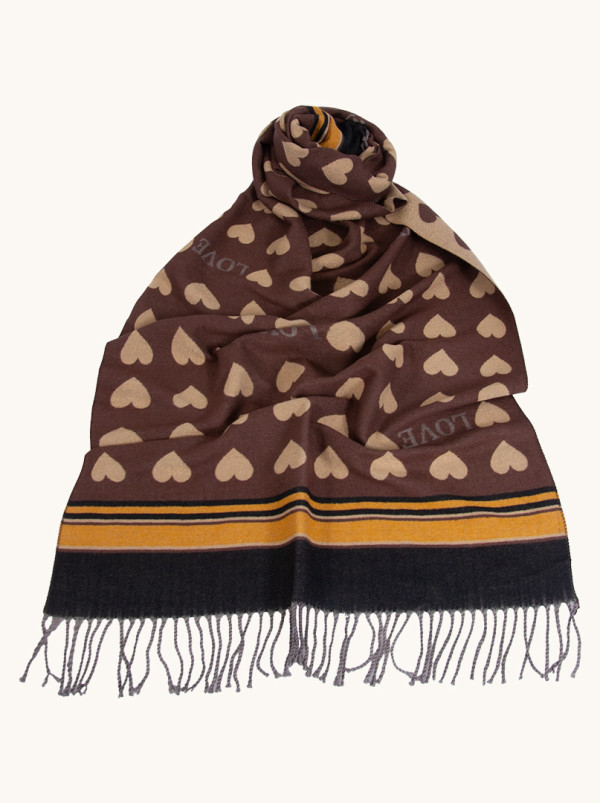 Szal ciepły brązowy w serca z frędzlami  65 cm x 180 cm