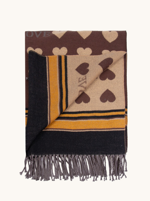 Szal ciepły brązowy w serca z frędzlami 65 cm x 180 cm