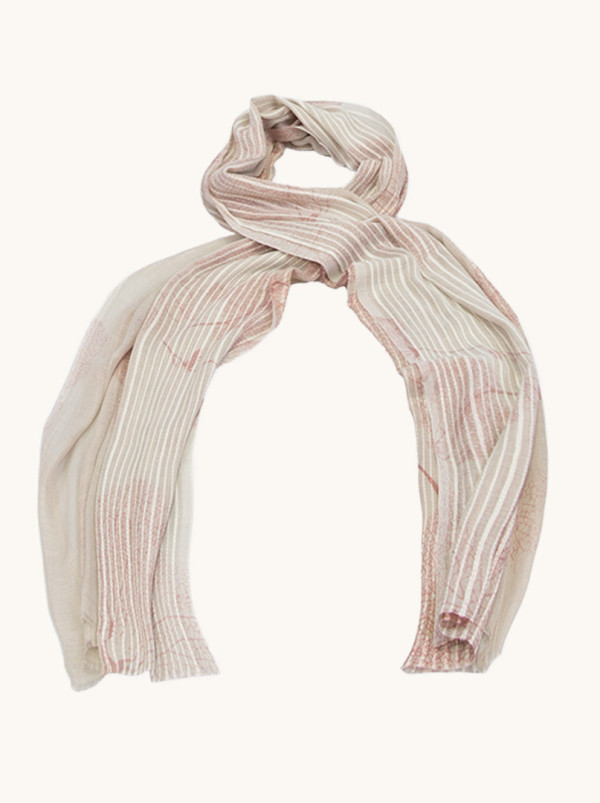 Szal lekki beżowy z  motywem różowych liści 80 cm  x 190 cm