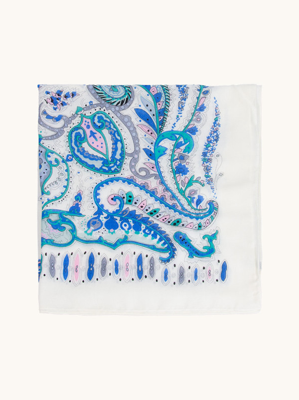 100% viscose scarf, cream with blue patterns, 80x180 cm