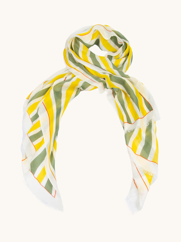 Szal z wełny w kolorze kremowym w zielone i żółte paski