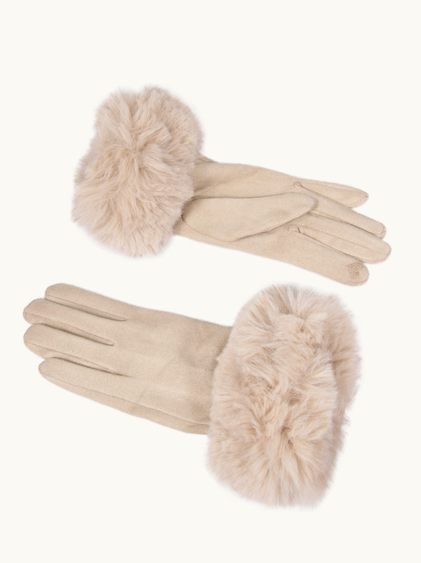 Jasnobeżowe rękawiczki dzianinowe   wykończone sztucznym futerkiem    once size