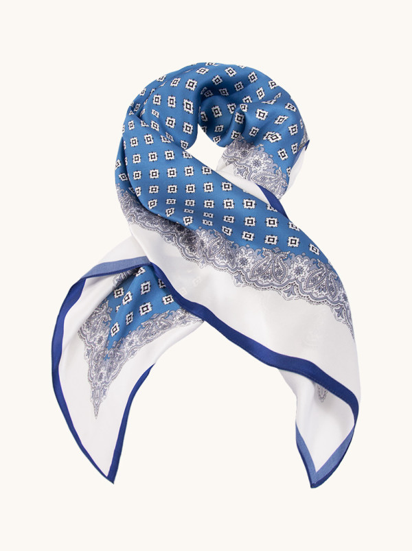 Blue silk scarf in squares 90x90 cm
