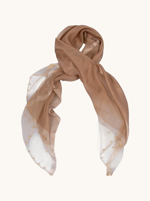 Szal  wieczorowy beżowy ze złotą obwódką i ozdobnymi koralikami 70 cm x 190 cm