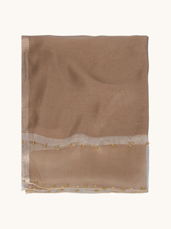 Szal  wizytowy beżowy ze złotą obwódką i ozdobnymi koralikami 190 cm