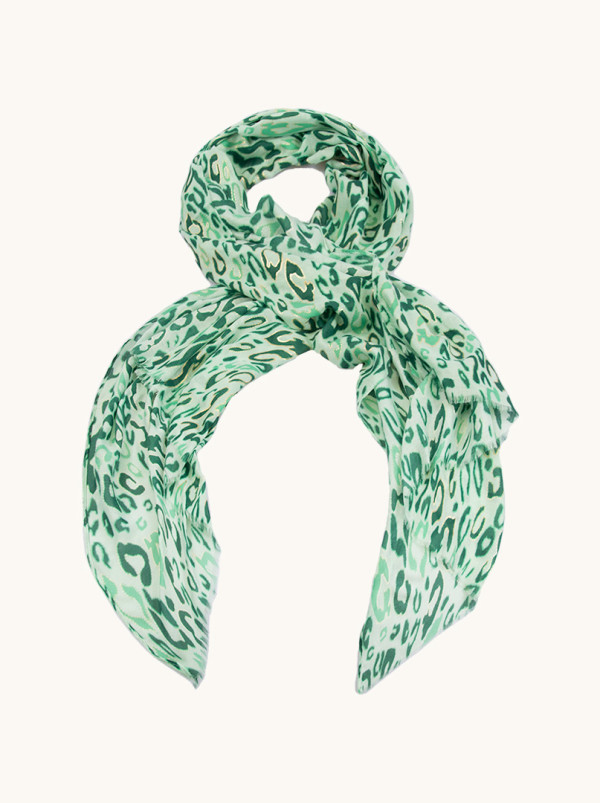 Szal z bawełny zielony w panterkę ze złotymi elementami 80x180 cm