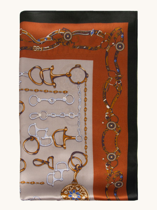 Szal jedwabny brązowy we wzory  łańcucha 55x175 cm