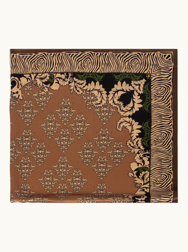 Apaszka 90 cm x 90 cm z jedwabiu brązowa motywy roślinne