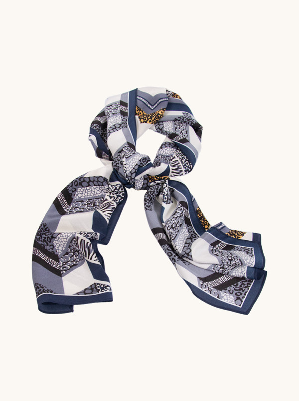 Szal jedwabny niebieski w zygzaki 35 cm x 140 cm