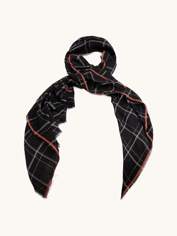 Szal 100% wełna czarny w białą kratę ze złotą nitką 90x200 cm PREMIUM