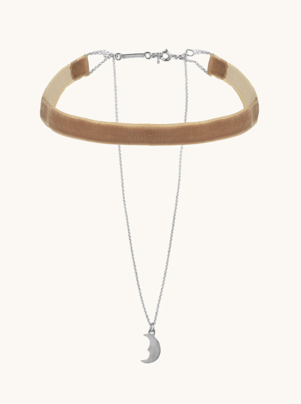 Choker różowa aksamitka ze srebrnym księżycem