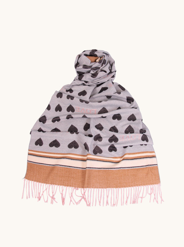 Warm gray scarf with a heart pattern and tassels, 65x180 cm
