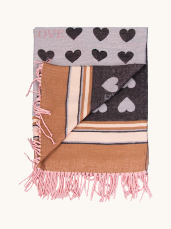 Warm gray scarf with a heart pattern and tassels, 65x180 cm