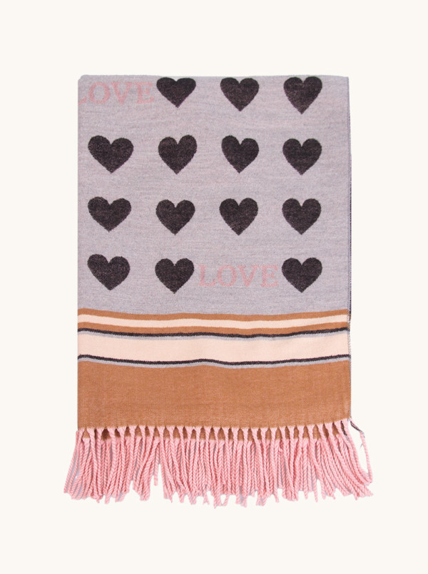 Szal ciepły szary melanż z motywem serca z frędzlami 65 cm x 180 cm
