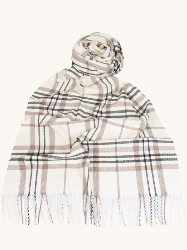 Warm, cream-colored viscose scarf with a beige-and-black check pattern, 65x180 cm