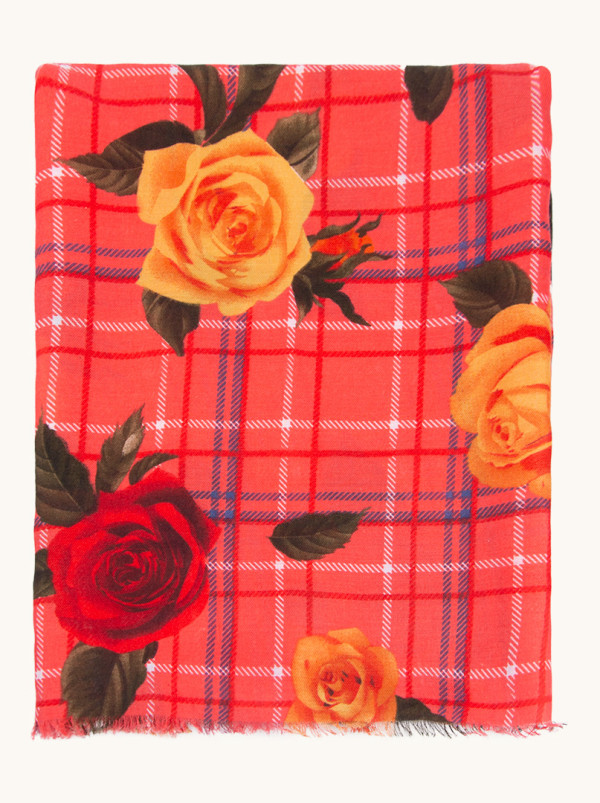 Szal 100% wiskoza czerwony z motywem kwiatowym 90x180 cm