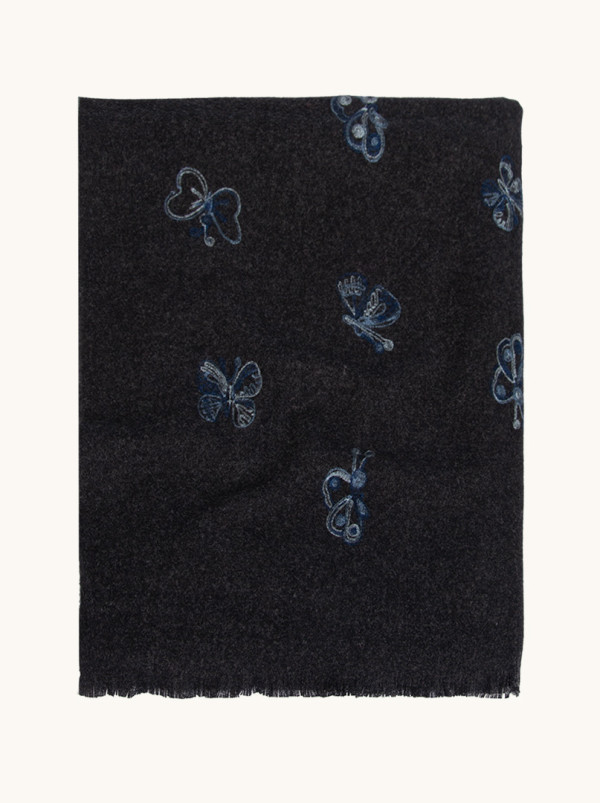 Warm, 100% wool scarf in graphite gray with a butterfly pattern, 70x195 cm