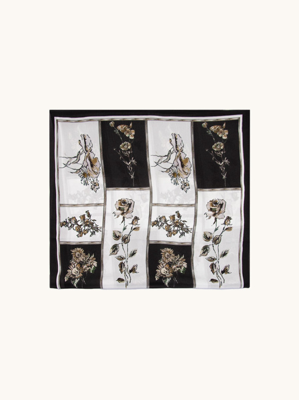 Black-and-white silk scarf with roses, 35x140 cm